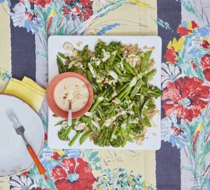 Griddled broccoli and sugar snap salad with tahini dressing Liz Earle Wellbeing