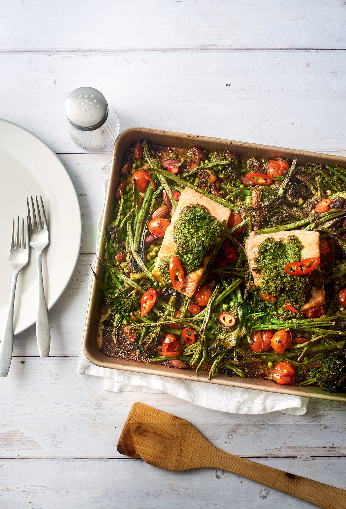 Salmon, greens and pesto traybake recipe - Liz Earle Wellbeing